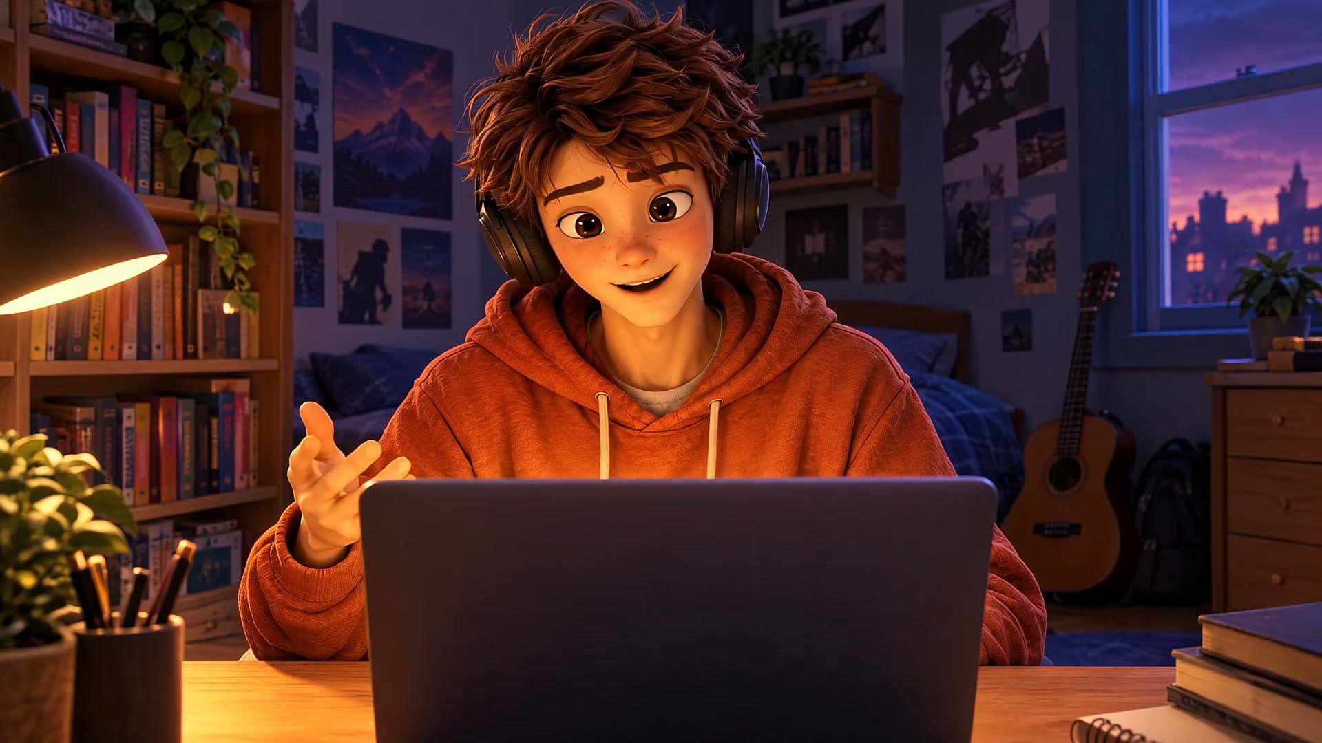 Illustration : un adolescent, de dos, casque sur les oreilles, en visioconférence avec Joseph dans sa chambre
